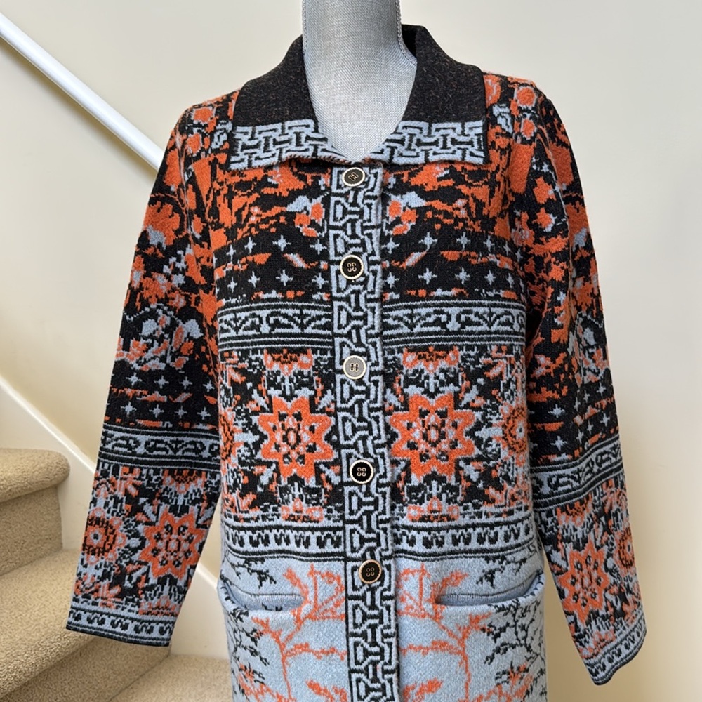 New Badgley Mischka Orange, Black and blue sweater Coat. Size M. - Picture 6 of 16